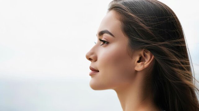 Profile of Serenity: A young woman gazes forward with a tranquil expression, her dark hair gently blowing in the breeze, conveying a sense of peace and contemplation.