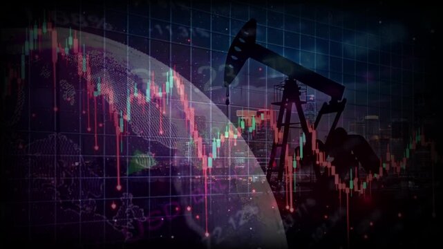 Oil Pump Jack Silhouette with Financial Stock Market Charts and Candlestick Data Overlay Animation