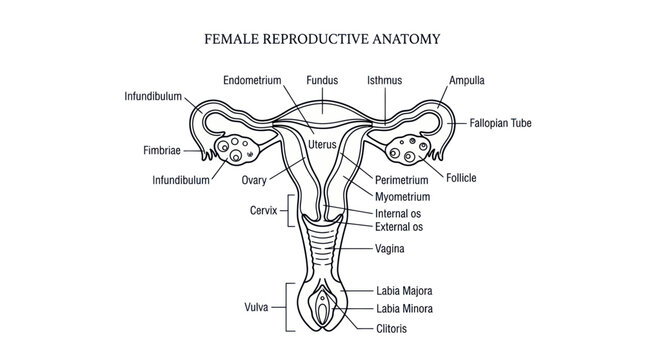 Female Reproductive Anatomy Diagram - Uterus, Ovaries, Fallopian Tubes, Vagina