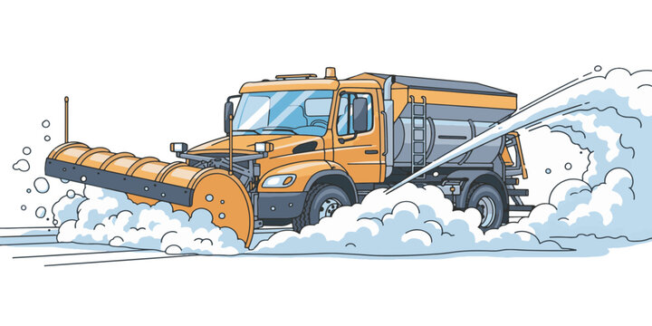 Snowplow truck clearing winter road.
