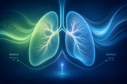 Human lungs illustrating inhale and exhale in neon blue space