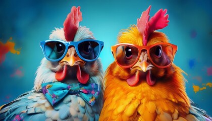 Fototapeta premium funny fashionable chickens wearing sunglasses