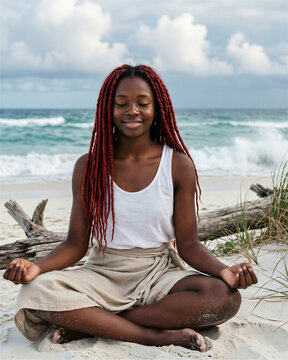 Smiling dark-skinned woman with red dreadlocks sitting cross-legged on beach sand, wearing white tank top and beige linen wrap, with ocean waves and cloudy sky behind.