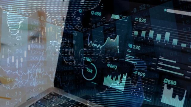 Global Stock Market Data Analysis with Financial Charts and World Map Overlay on Laptop Screen