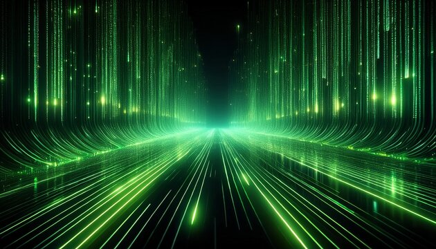 a dark space with cascading lines of glowing binary code in green evoking a matrix inspired design