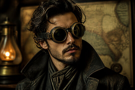 Man wearing goggles looking thoughtful in vintage map room
