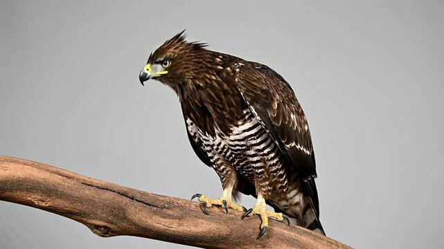 Javan Hawk-Eagle Perched on Natural Branch in a Classroom Environment, Showcasing Stunning Plumage and Majestic Features for Educational Purposes