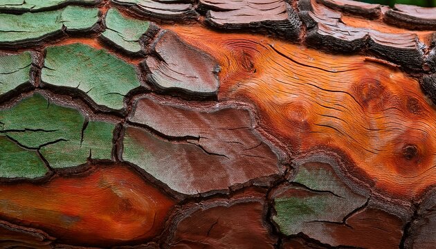 Close Up Of Tree Bark With Rough Texture And Mixed Brown Orange And Green Colors