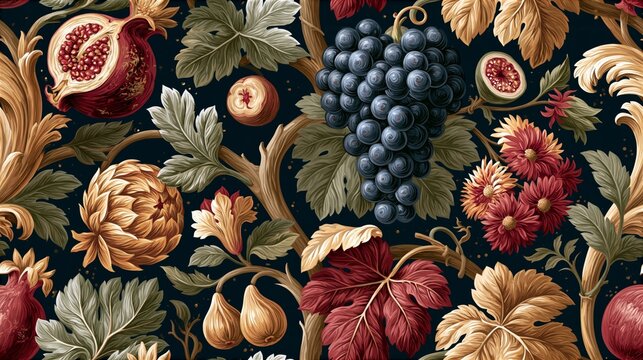 vintage rococo wallpaper with grapes figs and pomegranate vine patterns