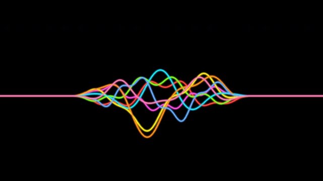 Colorful digital audio waves and data lines fluctuating like a music equalizer