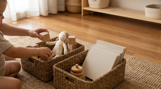Child Room Toy Edit With Hands Placing Favorites Into Woven Bins