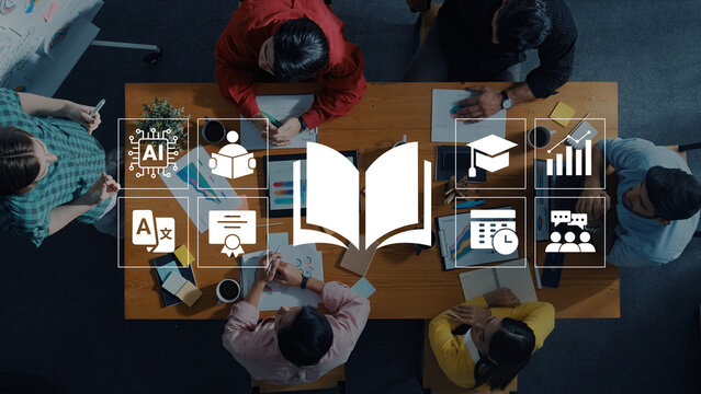 A diverse group of individuals engage in lively collaboration at a table, surrounded by educational icons, emphasizing teamwork and the power of shared knowledge in a modern workspace. Ledger