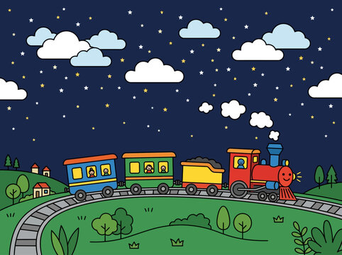 Colorful cartoon train on tracks.