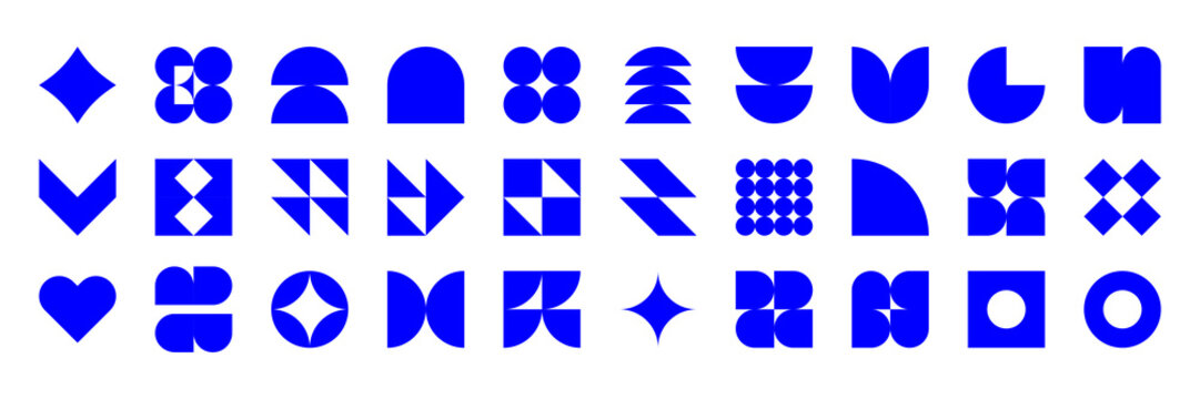 Abstract Geometric Shapes Set. Collection of modern blue geometric shapes, abstract symbols and icons for creative design projects, isolated on white background, vector.