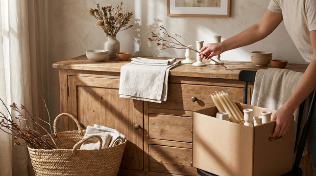 Seasonal Decor Edit With Hands Packing Extras Into Simple Storage