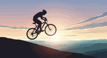 Fototapeta premium Cyclist riding mountain bike at sunset.