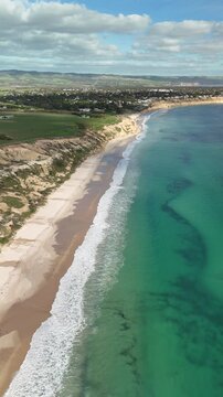Port Willunga Beach, South Australia &ndash; 4K Vertical Aerial Drone Footage of Australia Beach, Limestone Cliffs, Golden Sand, Clear Blue Ocean Coastline, and Coastal Houses near Blanche Point
