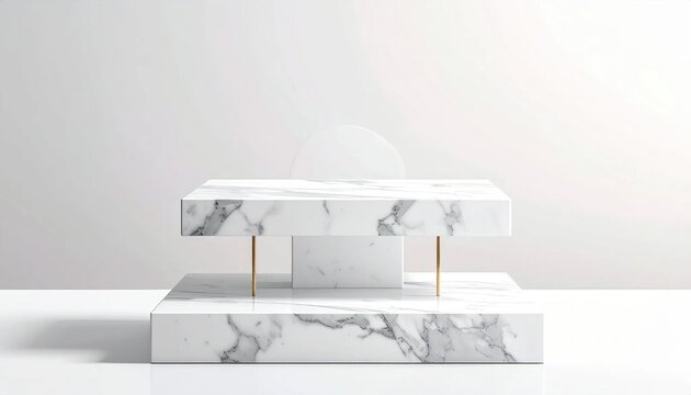 Two tiered white marble display stand with gold supports for luxury product presentation on clean background