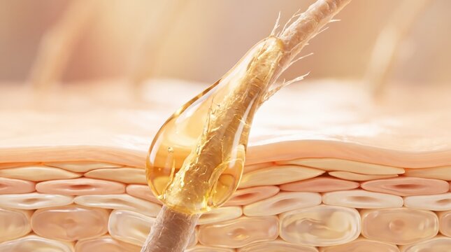 A close-up 3D render showing a single strand of hair emerging from skin coated with golden oil.