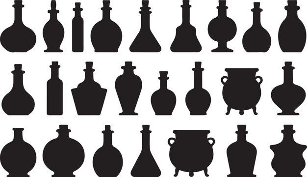 Alchemy potion bottle silhouettes for magic brewery and apothecary shop.