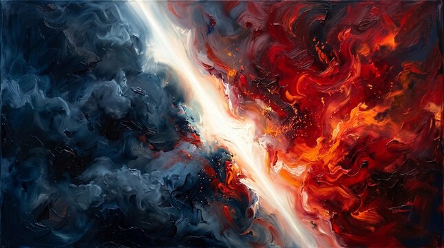 Abstract expressionism fiery red and deep blue dichotomy painting