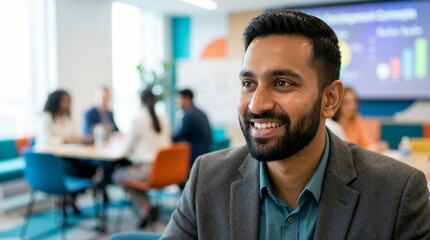 Obraz premium Smiling South Asian businessman in modern training room. Diverse adult education seminar for new business owners. Professional development workshop