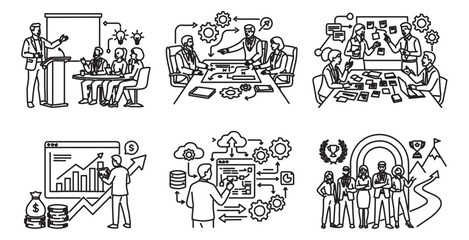 Obraz premium Business management line art illustrations, corporate teamwork and strategy vector set, professional office meeting and financial growth icons