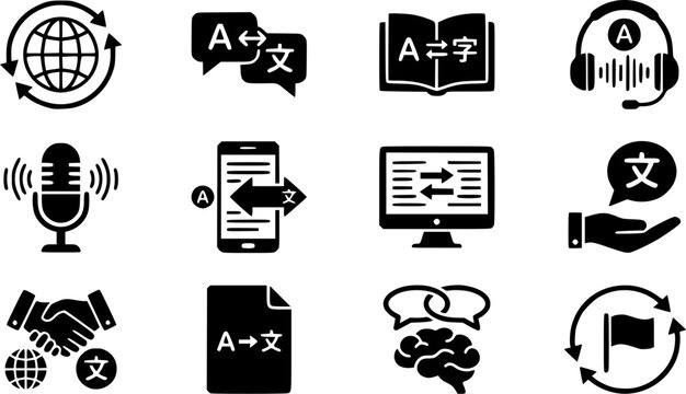 Icon illustrations for language translation silhouette icon set, flat black glyph style