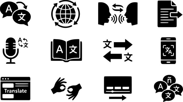 Icon illustrations for language translation silhouette icon set, flat black glyph style