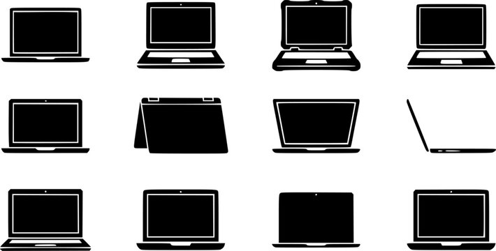 Laptop silhouette icon set, flat black glyph style, pure white background