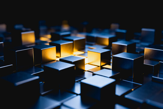 3D rendered metallic cubes arranged in a grid, with select cubes glowing warm light against a dark backdrop, creating a modern abstract visual composition.