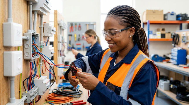 Female electrician apprentice working with wire crimpers. Smiling Black woman in safety vest during vocational training. Adult education and trade school concept