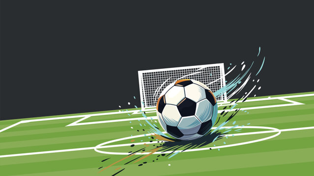 Soccer tournament promotion banner horizontal template with spinning ball at the middle of field have blank space.