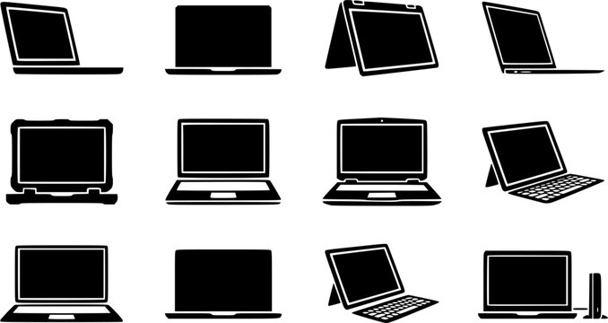Laptop silhouette icon set, flat black glyph style, pure white background