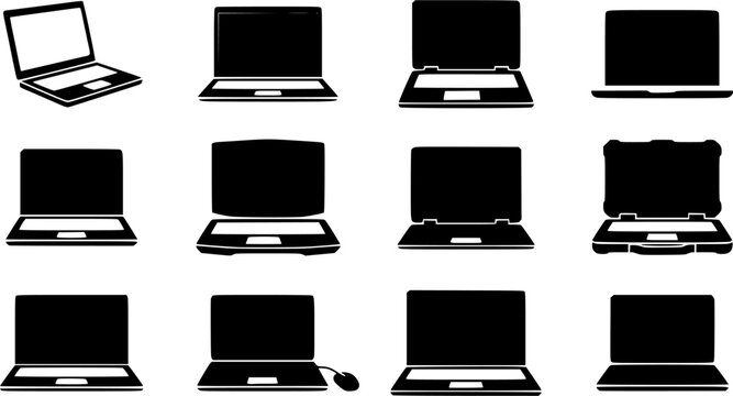 Laptop silhouette icon set, flat black glyph style, pure white background