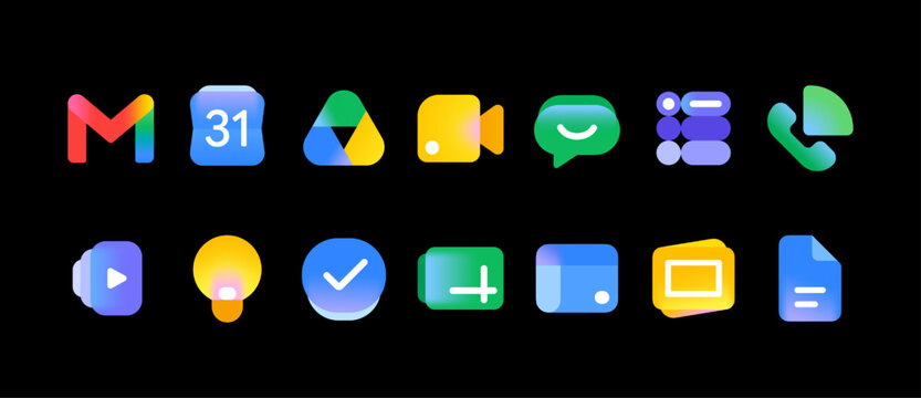 Google Workspace new logo icons. 2026 update. including Gmail, calendar, chat, docs, drive, forms, keep, meet, sheets, sites, slides, tasks, vids, voice.