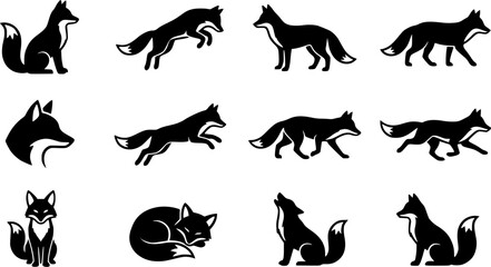 Obraz premium Fox silhouette icon set, flat black glyph style, pure white background