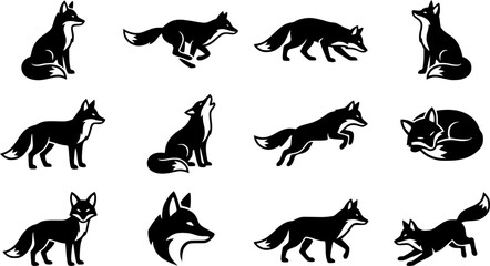 Fototapeta premium Fox silhouette icon set, flat black glyph style, pure white background