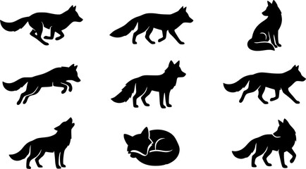 Fototapeta premium Fox silhouette icon set, flat black glyph style, pure white background