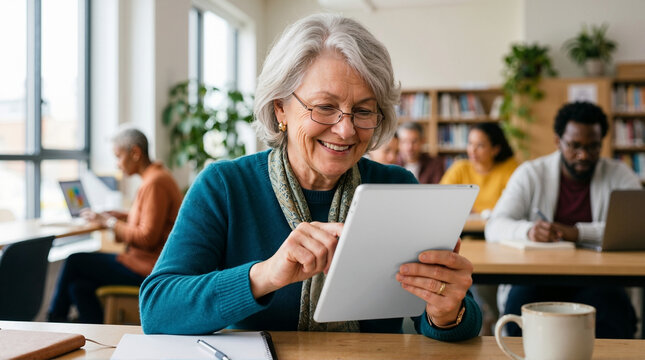 Smiling senior woman using a tablet computer in a library. Lifelong learning and adult education concept. Diverse students studying in a bright classroom