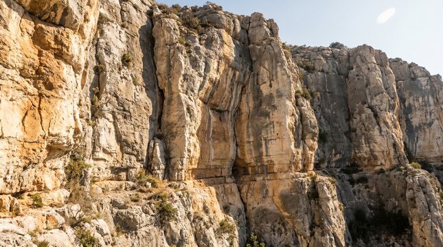 Rugged Limestone Cliffs Featuring Deep Weathered Rock Formations in a Sunny Mountain Landscape