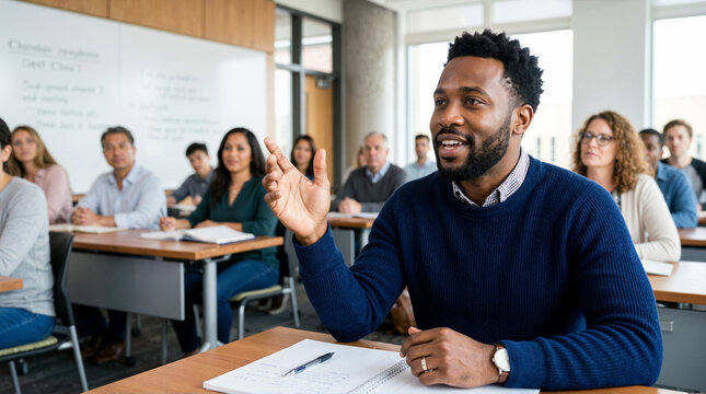 Adult student asking questions during a lecture. Black man participating in a diverse classroom discussion. Continuing education and lifelong learning concept