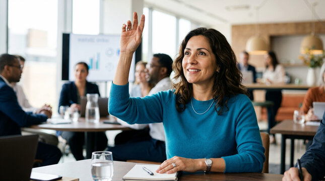 Adult student raising hand to ask a question. Smiling Hispanic woman participating in a seminar. Continuing education and professional training concept