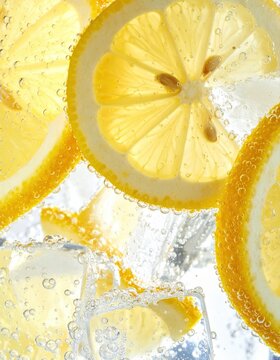 Fresh lemon slices submerged in fizzy sparkling water with clear ice cubes, creating refreshing bubbles and vibrant yellow textures for summer drink marketing.