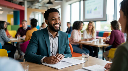 Obraz premium Smiling Black man writing in notebook at seminar. Adult learner in modern classroom workshop