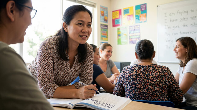 Adult English language learning class. Diverse group of women studying in classroom. Smiling female student with textbook in adult education course