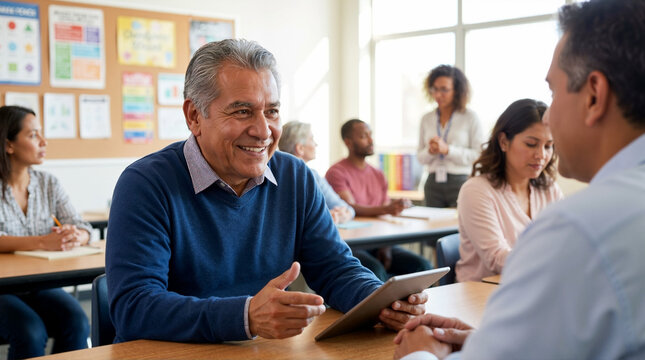 Smiling middle aged Hispanic man with tablet in community college classroom. Mature student talking to classmate during adult education course