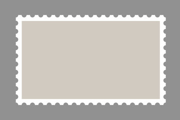 Obraz premium Empty postal stamp mockup. Blank rectangular sticker with serrated borders for envelope or postcard mail delivery. Vector flat illustration.