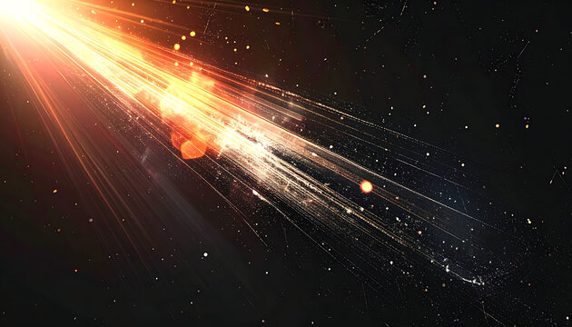 Abstract cosmic light streak with glowing orange particles and embers on black background, energy explosion, dynamic motion, shimmering fire effect