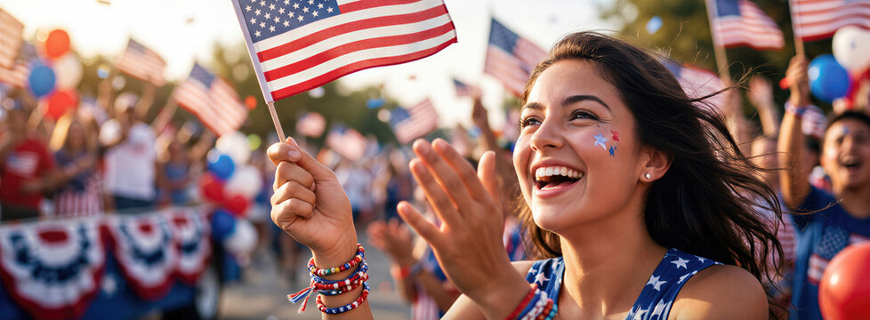 Happy woman waving United States flag during outdoor Independence Day celebration. Crowd gathering for July 4 holiday parade. Banner with copy space